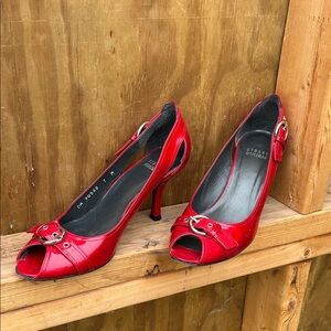 Stuart Weitzman Red Patent Peep-Toe Slingback Heels with Buckle